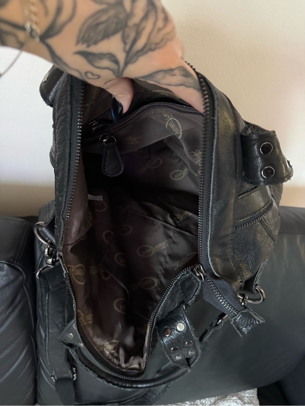 Studded Black Leather Tote Bag with Skull Accent - Picture 6 of 9
